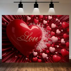 1pc Polyester Heart-Themed Party Banner - Glossy Red & Pink Heart Design with "Love" Script, Romantic Backdrop for Birthdays, Weddings, Anniversaries, Garden & Home Decor - Durable Multipurpose Decoration, Hea
