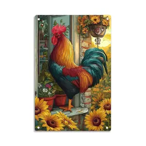 Colorful Rooster Sunflower Garden Vintage Farm Animal Metal Sign Print Aesthetic Room Decoration for Home Bedroom Kitchen Bar Dorm Bathroom Wall Decor 8 X 12 Inch