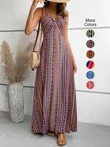 Women's Printed Split Long Dress, Classic Stripe Design, Backless Criss Cross Strap, Spring Summer Fall Wear, Boho Style