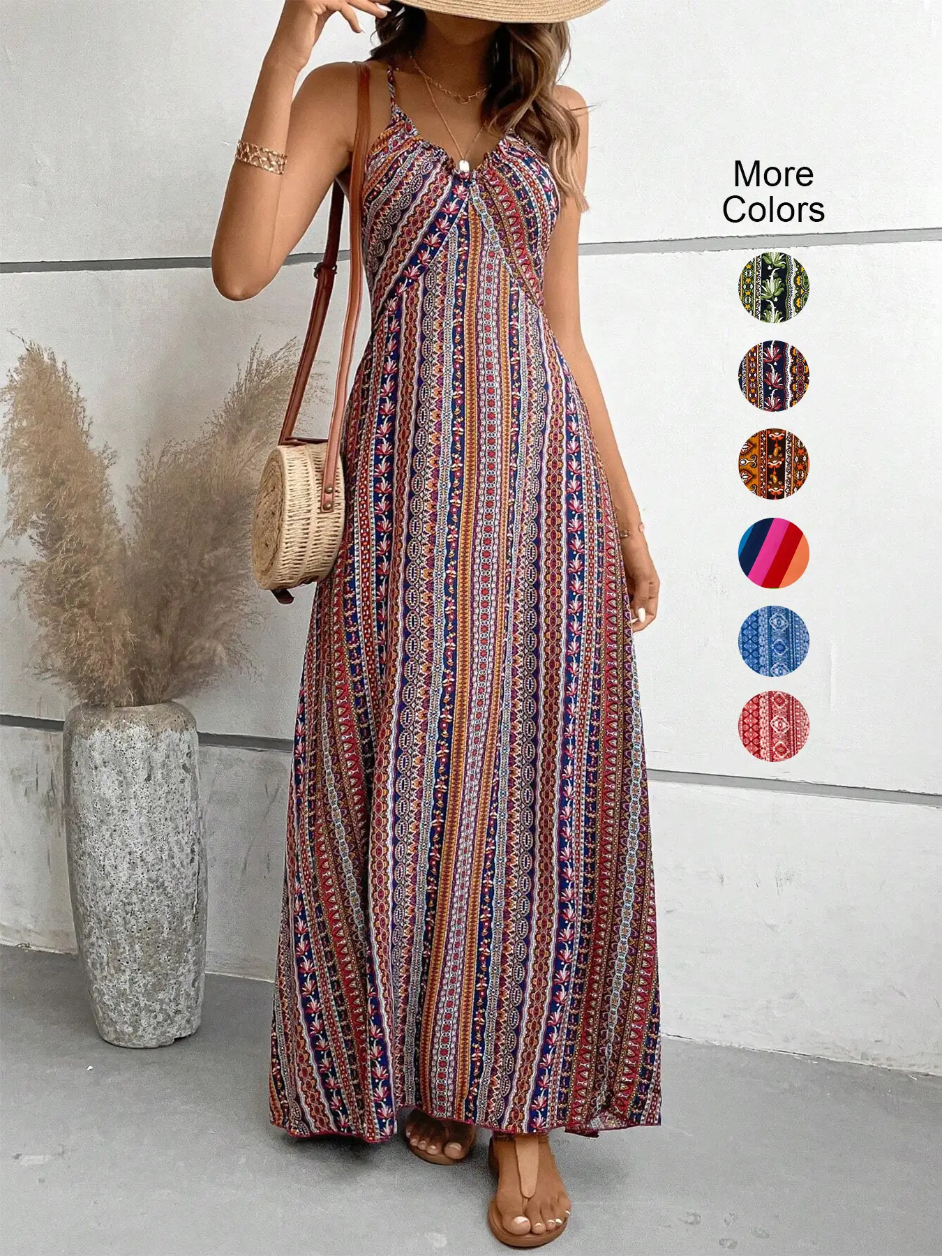 Women's Ethnic Pattern Long Dress, Classic Stripe Design, Backless Cross Strap, All Seasons Wearable, Can Be Paired with Outerwear