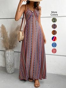 women's ethnic pattern criss cross backless cami dress, casual boho fashion spaghetti strap long sundress for beach, ladies summer clothes, slip dress, bohemian womenswear, boho earthy girl clothes