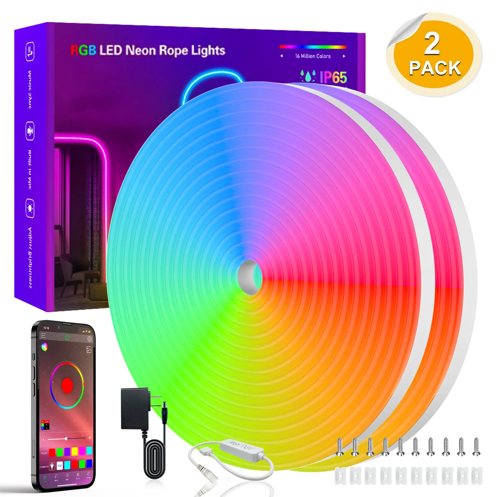 RGB Neon Rope Lights,16.4FT LED Strip Light,Outdoor IP65 Waterproof,Music Sync,DIY Design,Softer Material,Neon Lights for Gaming Room Living Bedroom W