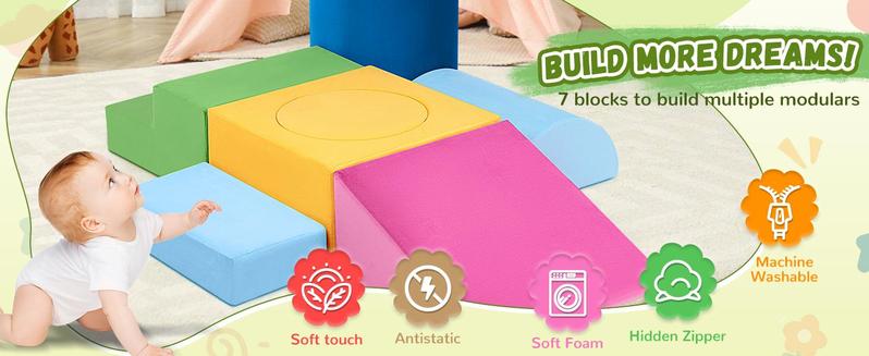 Edbuosy 7-piece Toddler Foam Climbing Toys Indoor Modular Crawling & Sliding Play Set for Toddlers Colorful Soft Play Climbing Blocks