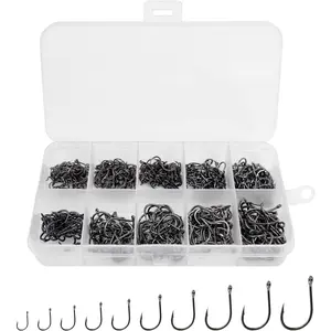 500 count Small Fishing Hooks for Fishing Fishing Hook Set Freshwater Saltwater Gear Tackle, High Carbon Steel 10 Different Sizes in a Plastic Box for Catfish Trout  Fishing Color Black or