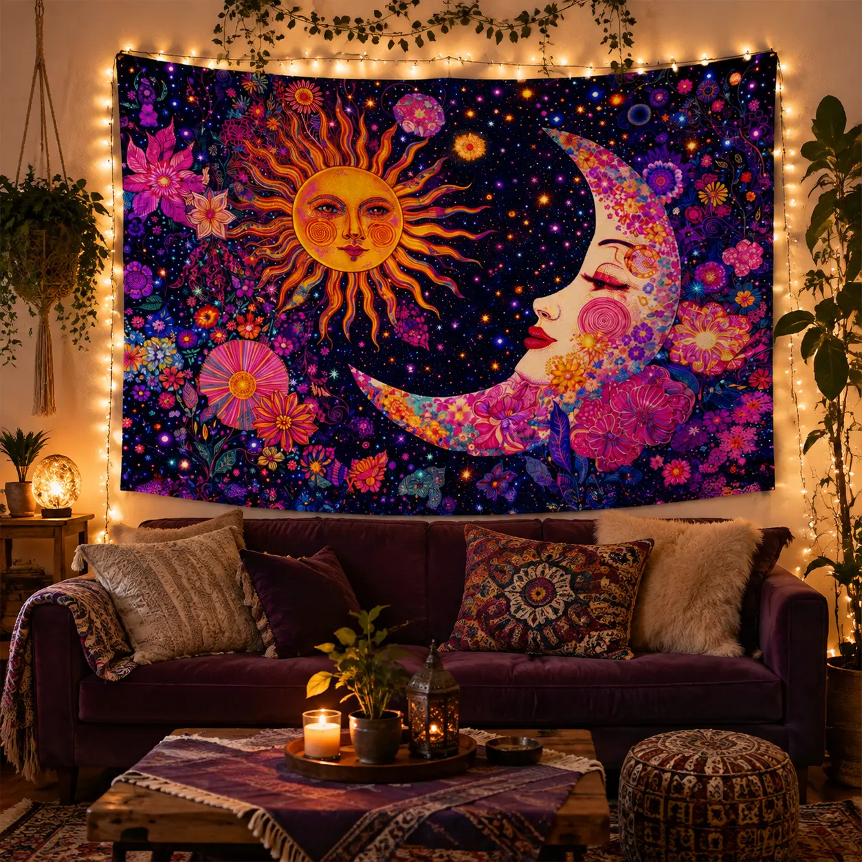 2D Flat Synthetic Polyester Cloth Tapestry Wall Hanging - Smooth Bohemian Decor with Printed Sun, Moon & Flower Neon Colors (Non-Fluorescent) for Bedrooms, Parties Offices