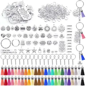 350Pcs Motivational Keychain Accessories Set with 50 Engraved Inspirational Words Charms, 50 Leather Keychain Tassels, 50 Keyring with Chain, 200 Open Jump Rings for DIY Crafting