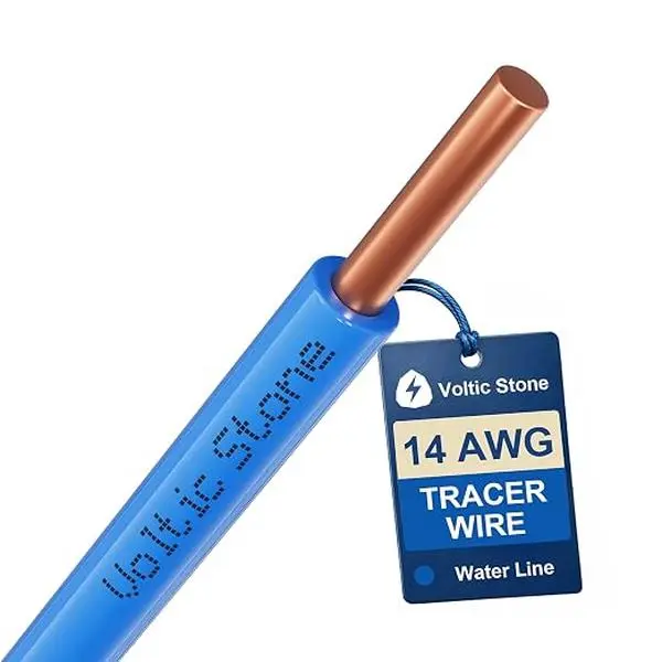 14 AWG Blue Water Line Tracer Wire, True Gauge 100% Solid Copper Direct Burial Underground Locating Cable, 30/600V Rated, HDPE Jacket, Corrosion-Resistant for Water Service & Irrigation