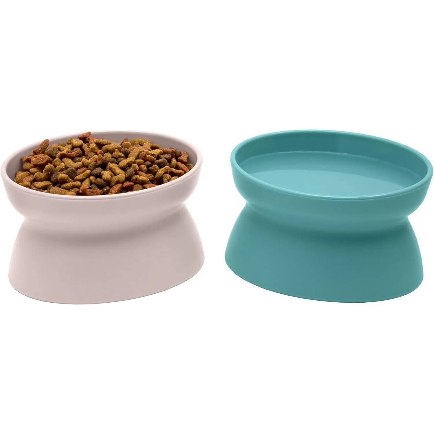 Elevated Cat Bowls (Set of 2), Whisker-Friendly Raised Cat Food & Water Dishes, Modern Pedestal Design, Dishwasher Safe, 6.5 oz Each – Teal & Light Pink