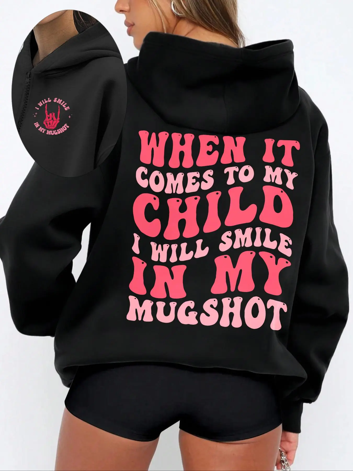 Women's Cartoon Skeleton Hand & Letter Print Drop Shoulder Thermal Lined Fitted Hoodie, Fashion Casual Zipper Hooded Sweatshirt for Daily Holiday Outdoor Wear, Ladies Clothes for Fall & Winter