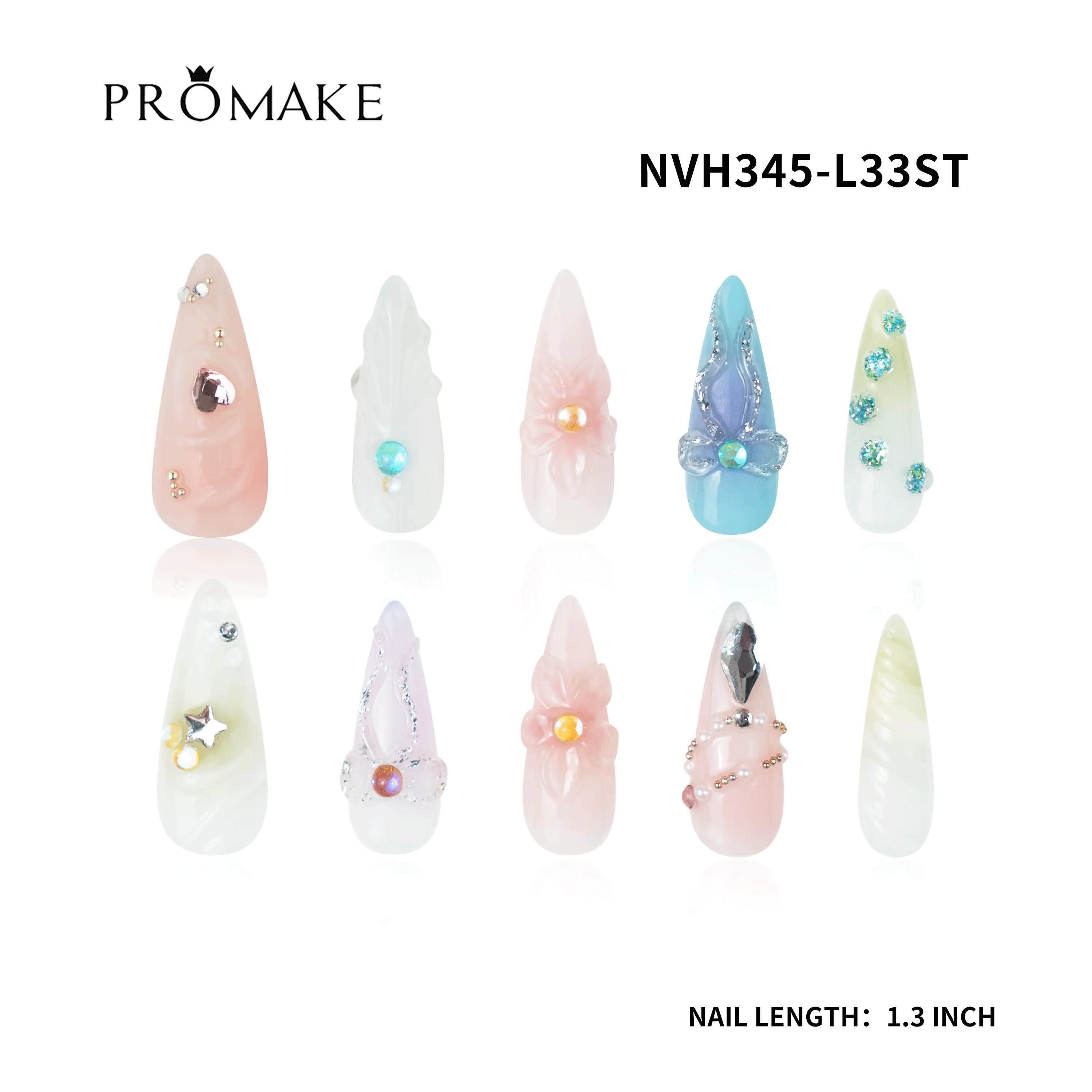 Promake Luxury Handmade Decorative Fake Nails Extensions - 1.3 inches, 33mm Super Long, Crystal Decor, Easy to Apply, S-L Sizes, Single Piece, Decorative Nails, Reusable, Elegant, Rhinestone, Fashion Unisex, Occasion