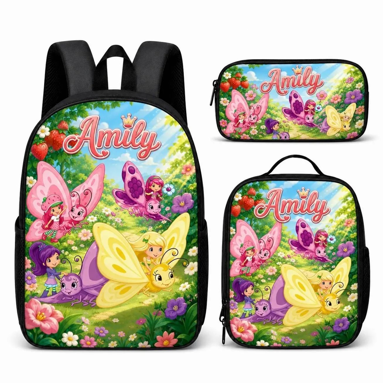 Custom Name Strawberry Butterfly Girl Student Backpack Set | 3Pcs Schoolbag Insulated Lunch Bag Pencil Case | Personalized Back to School Gift for Girls