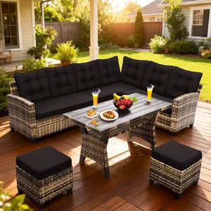 Cozy 6-Piece Outdoor Patio Set Sectional Sofa Dining Table Chairs Ottoman All-Weather Wicker Modern Backyard Lounge Perfect for Entertaining