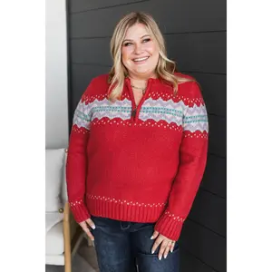 Cozy Getaway Quarter Zip Knit Sweater- Red