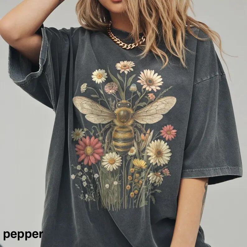 Comfort Colors Vintage Bumblebee TShirt, Wildflower Meadow Portrait, Illustration Graphic Tee, Cottagecore Top