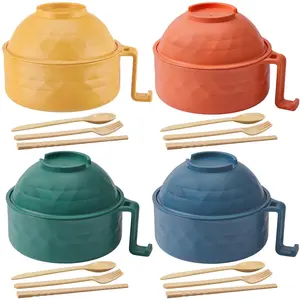 4 Sets Microwave Ramen Cooker Set 33 oz Quick Ramen Bowl Set Microwave Noodle Cooker with Handle Ramen Noodle Bowl with Spoon Chopsticks Fork College Dorm Room (Multicolor)
