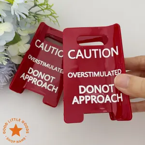 Red Caution Overstimulated Sign Hair Claw Clip, Red Sign with White Text, Warning Message for Safety Awareness Sensory Input Heart Potentially, Unique Design Statement Piece Funny Clip for Women, Wife, GF, BFF, Workers