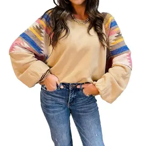 Women??s Light Beige Aztec Patchwork Raglan Sleeve Pullover Sweatshirt