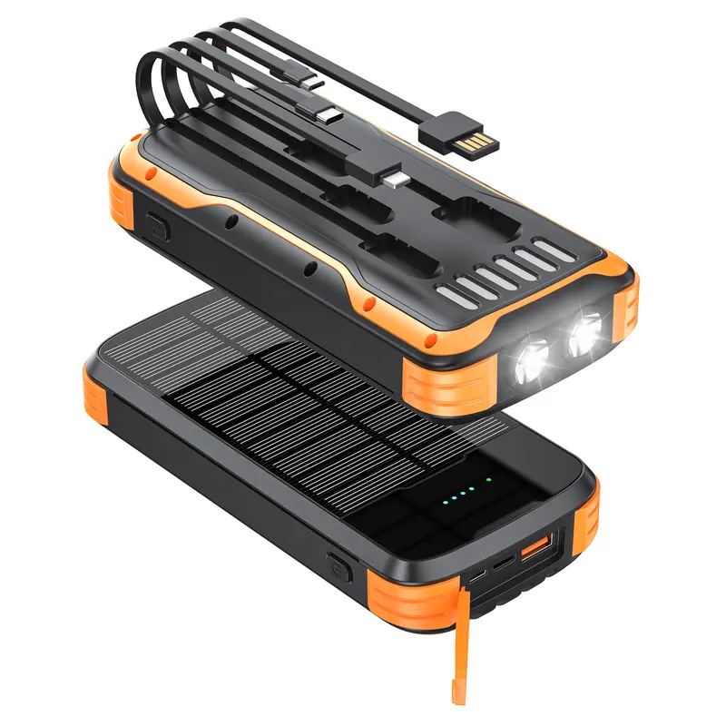 40000mAh Solar Power Bank, Chargeable Mobile Portable Lithium Pack with Built-in 4 Cables (USB-C In/Output, USB-A), 20W PD Fast Charging, Dual Lights, Charging Solution for Smartphone, Back to School Accessory