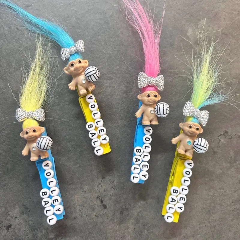 Volleyball Troll Sports Clips - Handmade Wooden Clothes Pins with colorful Hair & volleyball Charms for Basketball Soccer Cheer softball