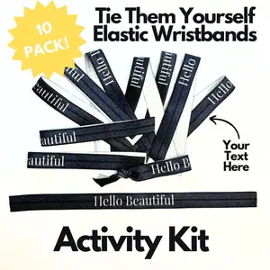 10 Pack - NOT TIED - Custom Text Elastic Hair Tie Bracelet Wristbands - Group Activity Kit