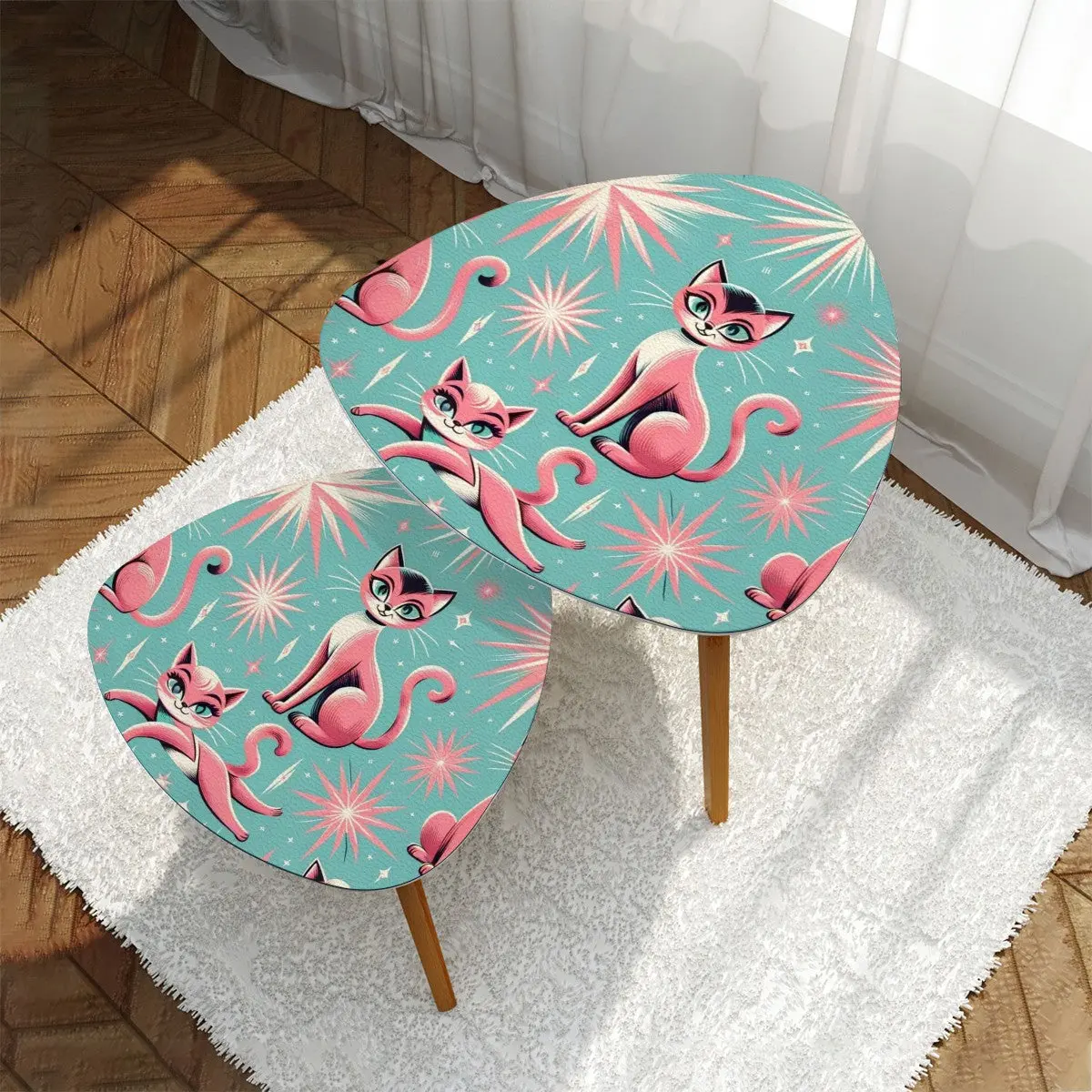 Atomic Aqua Pink Starburst Mid Century Modern Nesting Tables, Kitschy Pink Kitties