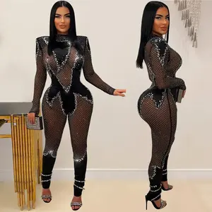 Fashionable women's solid color mesh rhinestone long sleeved pants jumpsuit