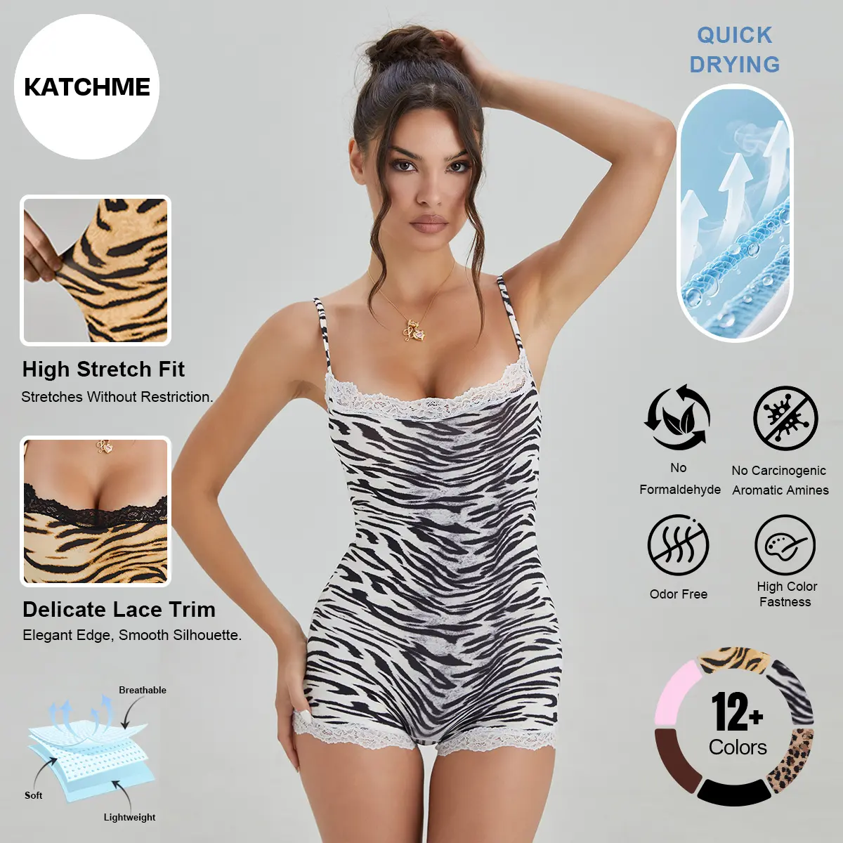 Katch Me COZY Women's Abstract Tiger Print Thin Strap Lace Trim Soft Playsuit, Minimalist Stretch Sweat-Wicking Sleeveless Shapewear, Breathable Sport & Outdoor Clothing