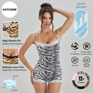 Katch Me COZY Women's Abstract Tiger Print Thin Strap Lace Trim Soft Playsuit, Minimalist Stretch Sweat-Wicking Sleeveless Shapewear, Breathable Sport & Outdoor Clothing