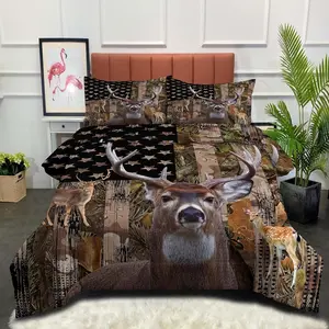Deer Bedding Set, Queen Size Comforter with Flag, Camo for Boys, 3 Piece Set