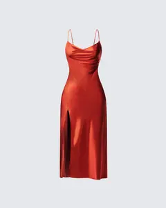 El Orange Satin Midi Dress