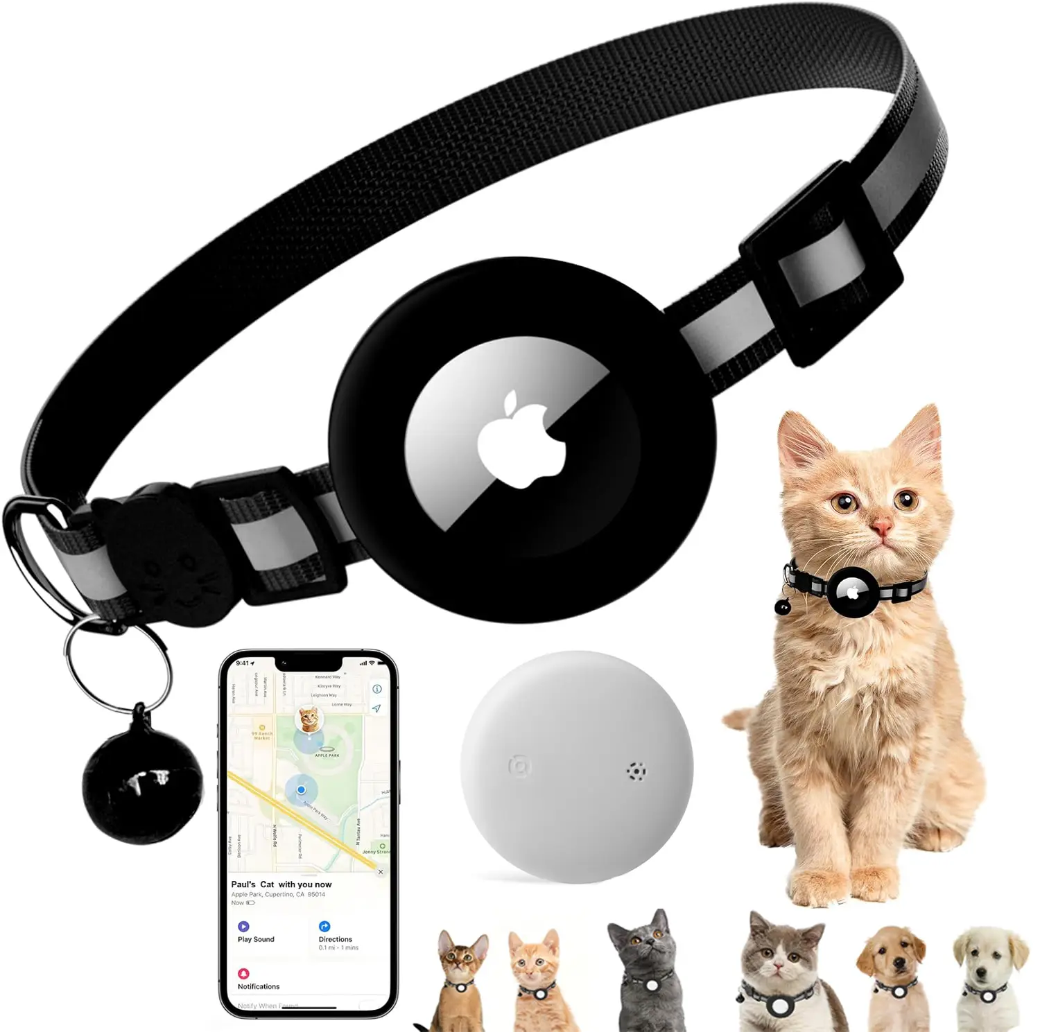 EVERBETTERUS Cat Collar with Air Tag Holder, Reflective Kitten Collar with Bell, Breakaway Airtag Cat Collar GPS Tracker for Cats 0.4’’ Width Adjustab