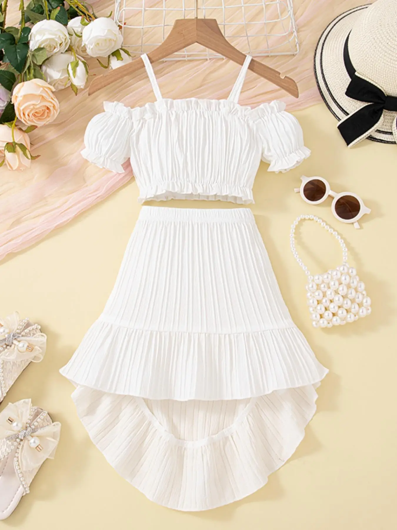 Girl's Solid Ruffle Trim Crop Top & Skirt Two-piece Set, Casual Fashion Cozy Two Piece Outfits for Daily Outdoor Wear, Toddler Girls Clothing for Summ