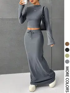 Women's Solid Flounce Sleeve Crop Tee & Skirt Two-piece Set for Daily Outdoor Wear, Women's Clothing for Spring & Fall