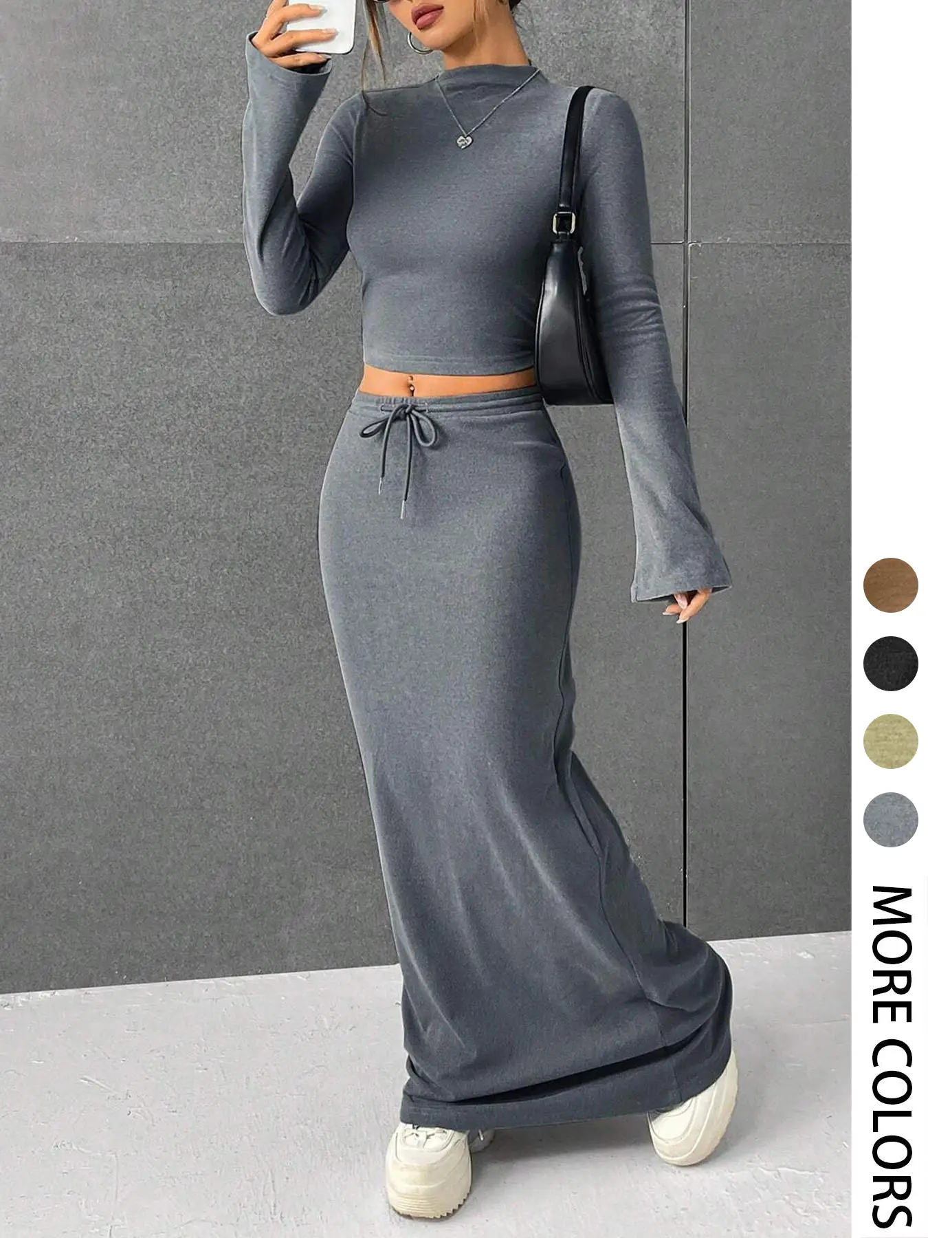 Women's Solid Flounce Sleeve Crop Tee & Skirt Two-piece Set for Daily Outdoor Wear, Women's Clothing for Spring & Fall