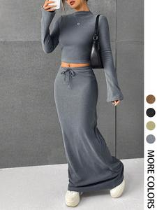 women's solid long sleeve crop tee & skirt two-piece set for daily outdoor wear, women's clothing for spring & fall, womenswear, bodycon