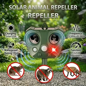 Solar Ultrasonic Animal Repeller Outdoor, Motion Sensor Pest Deterrent, IP65 Waterproof, Repels Snakes, Birds, Rats & Rodents for Yard Garden Farm
