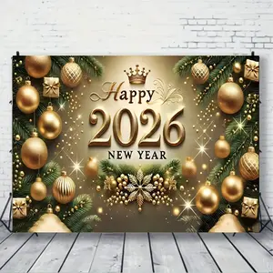 2026 Happy New Year Polyester Backdrop Golden White Design with Ornate Crown Gift Boxes Sparkling Lights for Living Room Wedding Birthday Party Multi Scene Use Banners - Ornaments