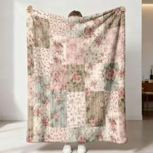 1 piece of retro pink rose patchwork style floral print flannel blanket Rose Flower Blanket soft and comfortable bed blanket sofa blanket camping and other uses available all year round