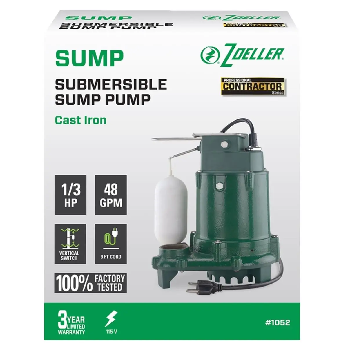 Zoeller Pump Company 4003461 Cast Iron Submersible Pump, AC Powered, 1100 GPH Flow Rate, 9 ft. Power Cord, Float Switch, 12 In. Height, Bottom Suction, 1/3 Hp, Csa Compliance, Submersible Sump Pump