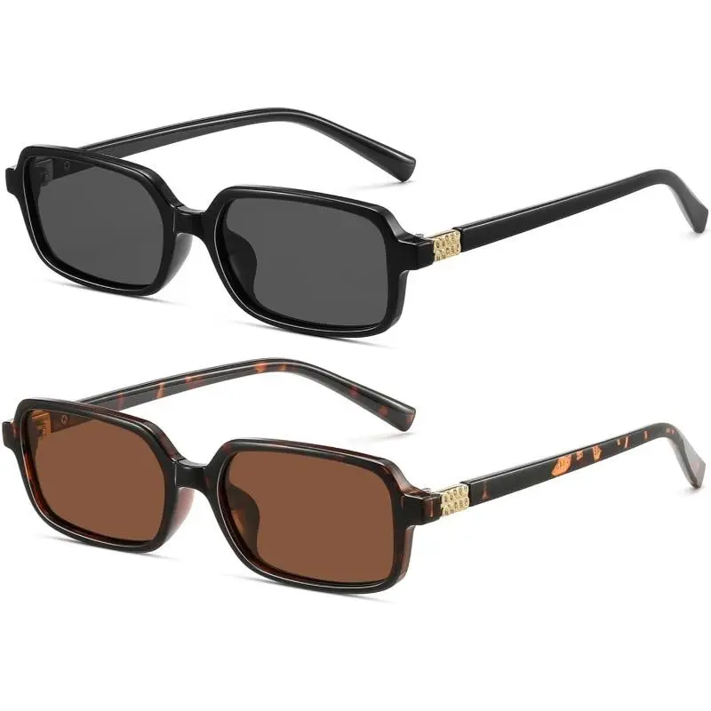 Y2K Narrow Rectangle Sunglasses, Unisex UV400 Shades with Gloss Black/Tortoise Frames, Solid Dark Brown/Grey Lenses & Gold Embossed Hinges for Street Fashion