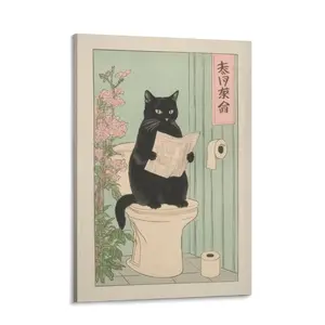 Funny Japanese Black Cat on Toilet Canvas Print, Neutral Minimalist Bathroom Wall Art, Japandi Aesthetic Cat Poster, Humorous Cat Print, Trendy Decor for Bathroom Bedroom Living Room Dorm, Cat Lover Gift