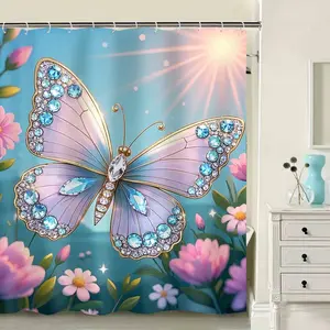 Butterfly & Flower Pattern Bathroom Decoration Accessories, Aesthetic Bathroom Decor, Bathroom Accessory, 4 Counts/set Including Waterproof Shower Curtain Sets & Toilet Lid Cover & Bathroom Mat & U-shaped Mat with 12 Hooks, Bathroom Decor Supplies