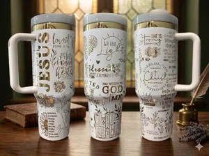 Christian Tumbler 40oz With Handle, Aesthetic Faith Bible Verse Insulated Cup, Jesus, Blessed, She is Strong Religious Gift for Women, Sunday Church, Worship Gifts, Coffee Travel Mug, Stainless Steel