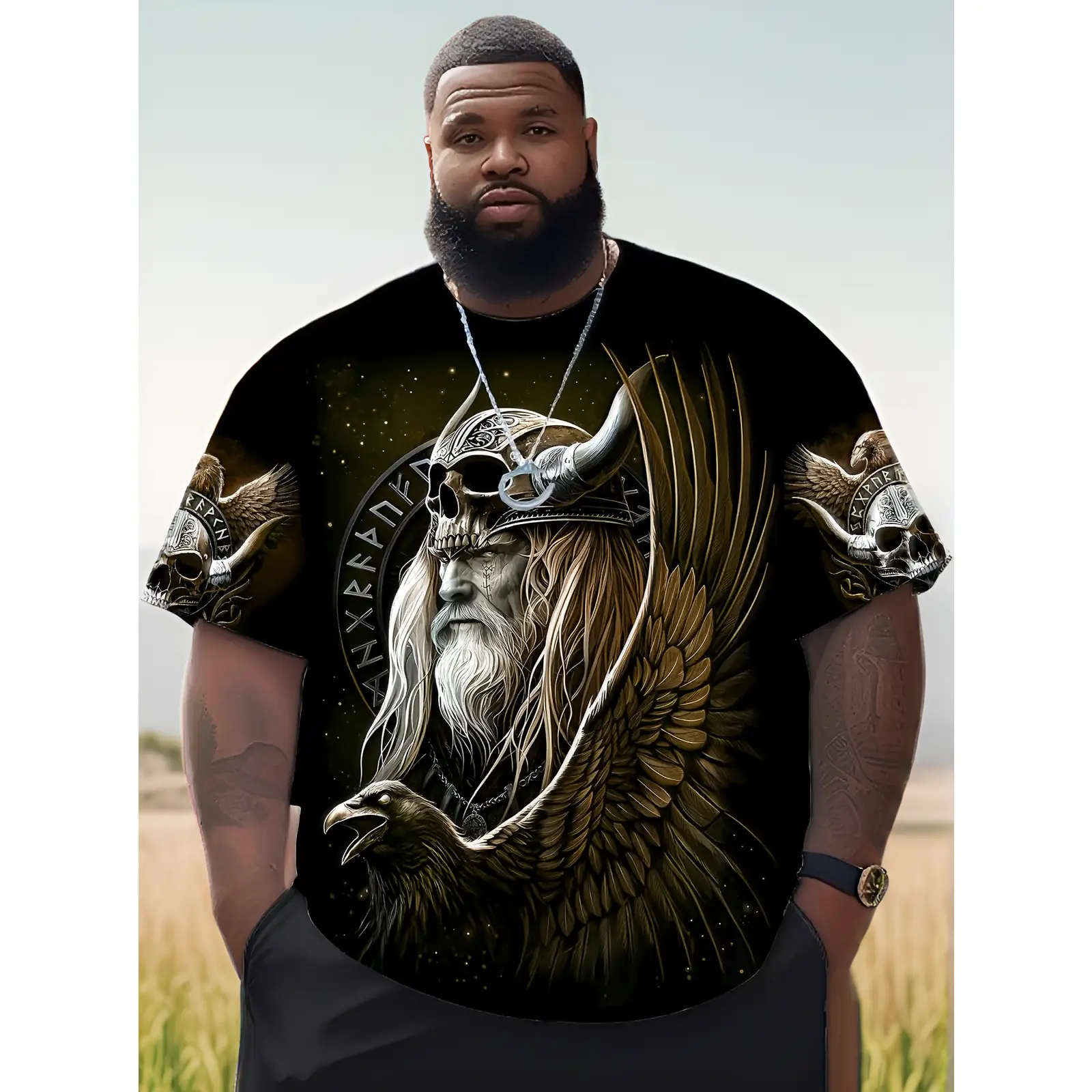 Men's Odin Warrior Viking 3D Printed T-Shirt- Norse Mythology Pattern with Wings, Helmet, and Runes, Casual Crew Neck Short Sleeve, Plus Size, Machine Washable, Exquisite Pattern Design, Large Size, PLUS SIZE