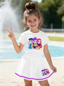 Summer Girls' Trendy Cartoon 3D Printed Short Sleeve Round Neck Top + Skirt Set, K-Pop Character Prints, Cute Casual 2-Piece