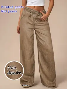 Women's High Waist Loose Fit Denim Style Pants, Fashionable Wide Leg Trousers with Stretchy Waistband, Versatile Casual Jeans for Every Occasion