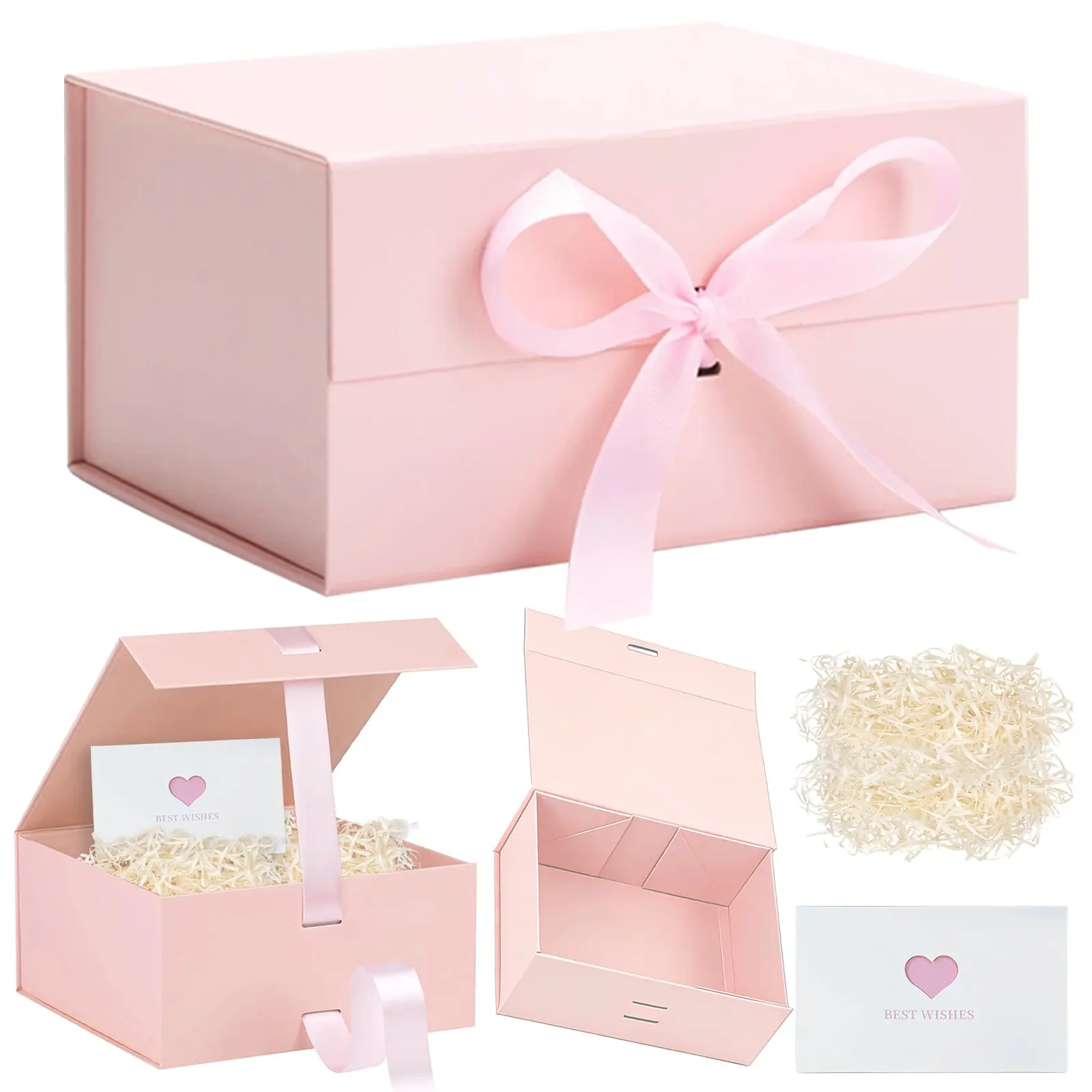 White Gift Box with Ribbon 1 Pack Small Gift Box with Lid Magnetic Closure Rectangle Collapsible Luxury Boxes for Weeding Gifts、Shredded Paper Filler & Card