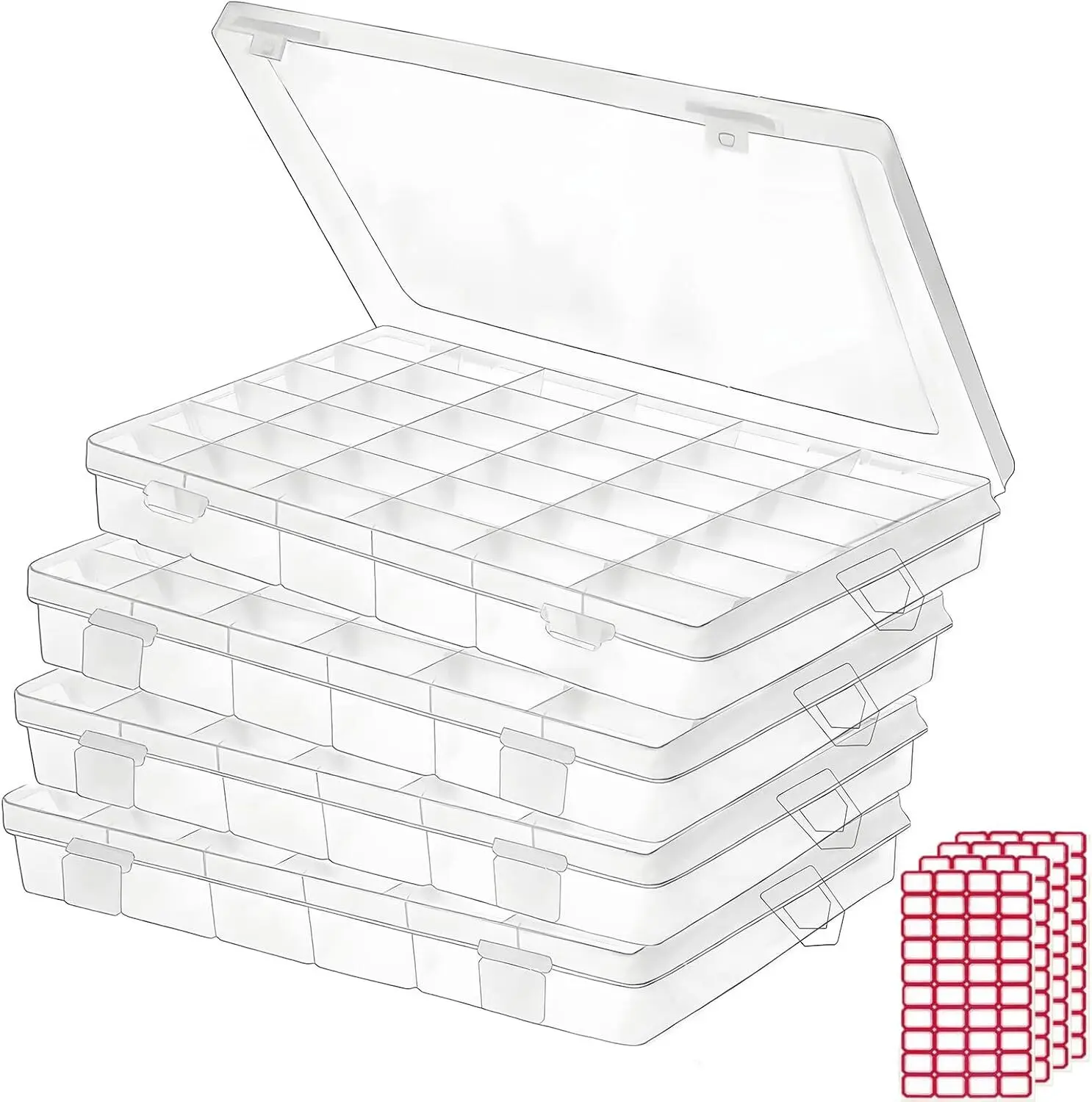 Budreu 4pack 36 Grids Plastic Clear Organizer Box Bead Containers Adjustable Dividers for Craft Jewelry Fishing Tackles Parts Storage with 4 Sheets Label Stickers