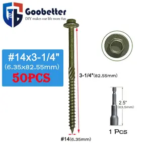 A Grade Green Carbon Steel Heavy Hex Head Hex Socket Wood Screws, 50pcs, #14 Size, 3-1/4" Length, for Outdoor Log Landscaping Timber Projects