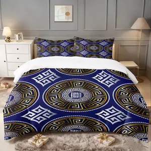 Blue and Gold Greek Key Pattern Circular Print Duvet Cover Set 2/3 pieces, Decorative Duvet Cover, Includes 1 Duvet Cover & 1/2 Pillowcases without Filler, Lightweight & Comfortable